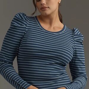 Anthropologie Navy and White Striped Puff-Sleeve Long Sleeve Top